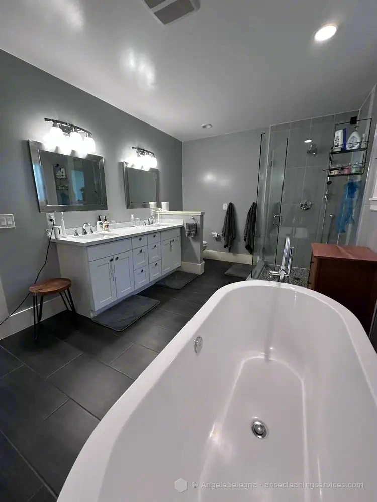 Bathroom with freestanding tub after deep cleaning